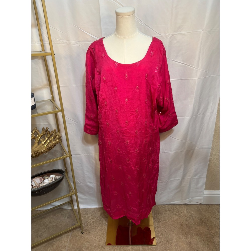 Hot Pink Embroidered Floral Sequin Midi Dress 3/4 Sleeve Side‎ Slit Fuchsia L